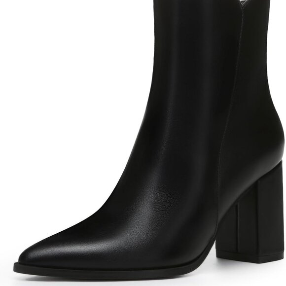 Women's Black PU Pointed Toe Chunky Heel Ankle Boots - Picture 1 of 6